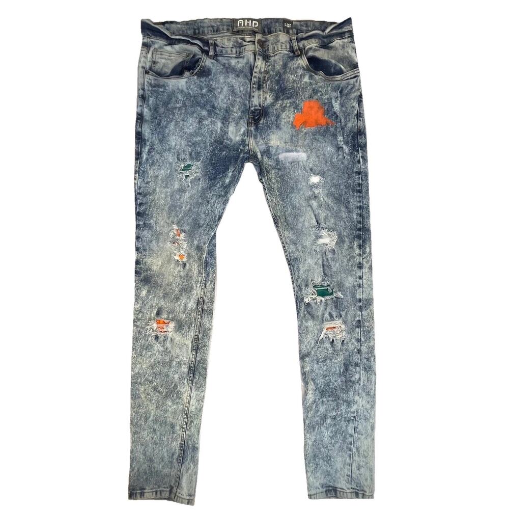 AHP Jeans Paint Splatter Distressed Patchwork Slim Mens Size 42 34 Pants